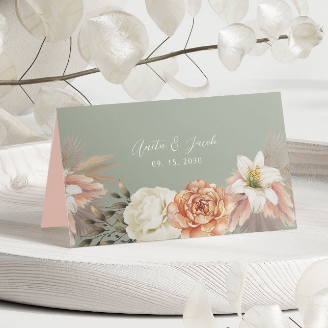 Sage Grönt Peach Blommigt Bröllop Place Card Placeringskort (Skapare uppladdad)