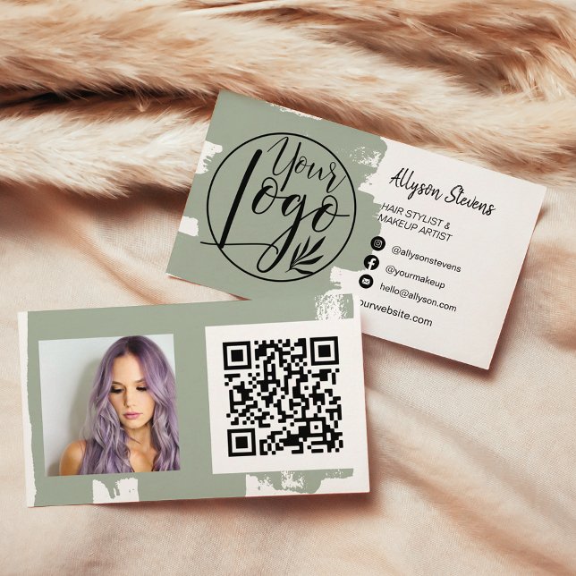 Sage grönt penselhårsmakeup bild logotyp qkod visitkort (Sage green brush hair makeup photo logo qr code business card)