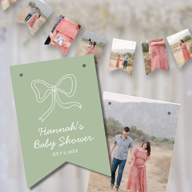 Sage Grönt Personlig Baby Shower Photo Banner Vimplar (Sage Green Personalized Baby Shower Photo Banner)