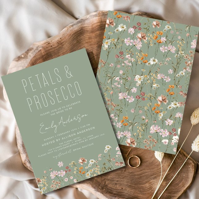 Sage Grönt Petals & Prosecco Möhippa Inbjudningar (Skapare uppladdad)