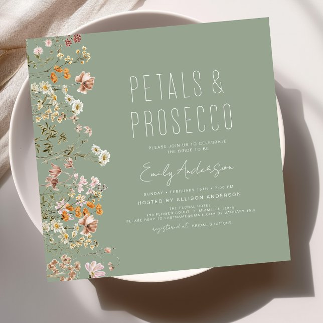 Sage Grönt Petals & Prosecco Möhippa Inbjudningar (Skapare uppladdad)