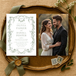 Sage Grönt Photo Blommigt Victorian Fransk Bröllop Inbjudningar