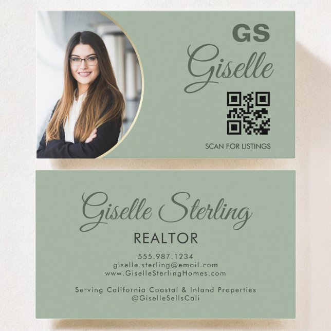 Sage Grönt Photo Monogram Realtor QR-kod Visitkort (Skapare uppladdad)