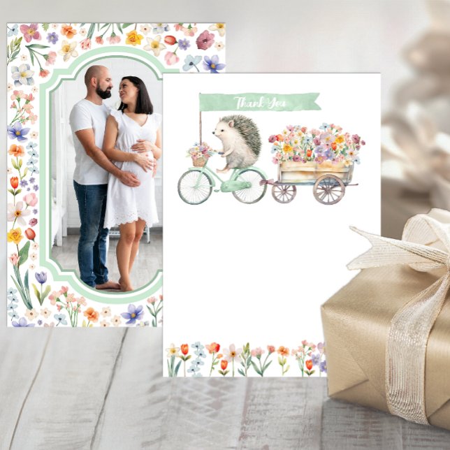 Sage Grönt Photo Tack - Hedgehog Baby Shower (Photo Baby Shower Thank You Card)