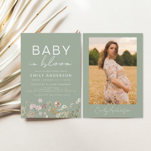 Sage Grönt Photo Wildblomma Baby i Bloom Shower Inbjudningar