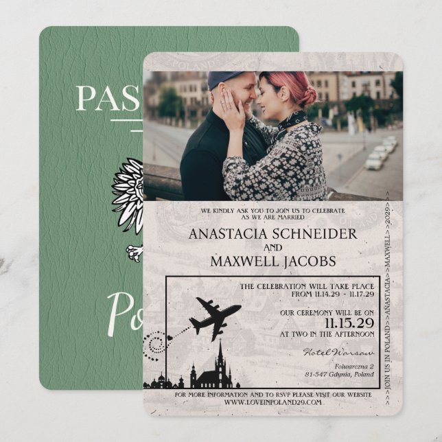 Sage Grönt Poland Passport Wedding bjudande Inbjudningar (Fram/baksida)