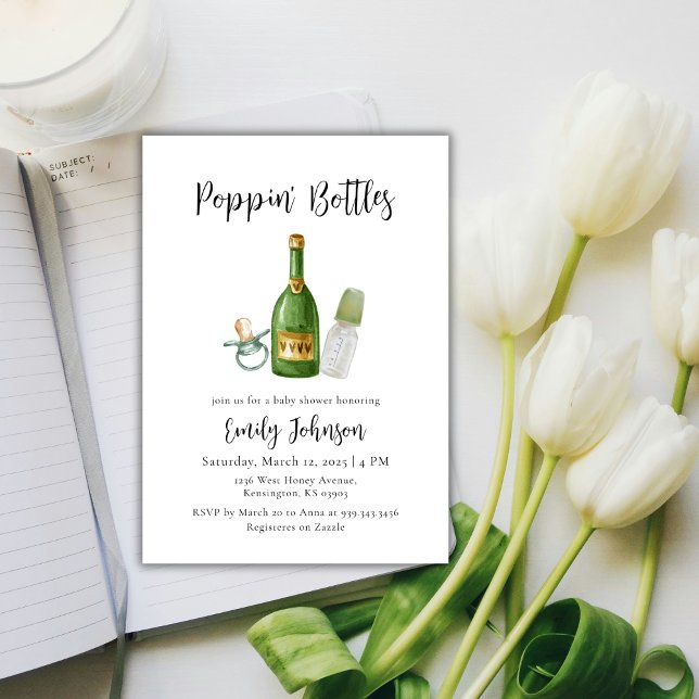 Sage Grönt Poppin Flaskor Champagne Baby Shower Inbjudningar (Sage Green Poppin Bottles Champagne Baby Shower Invitation)