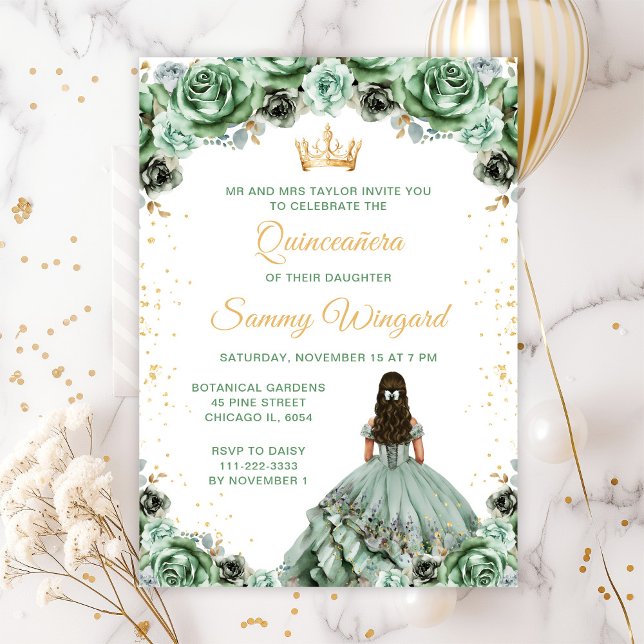 Sage Grönt Princess Blommigt Quinceañera Inbjudningar (Skapare uppladdad)