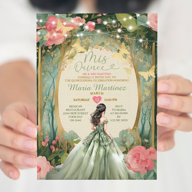 Sage Grönt Princess Dress Guld Forest Mis Quince Inbjudningar (Skapare uppladdad)