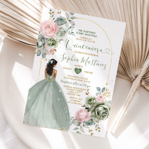 Sage Grönt Princess Dress Rosa Blommigt Quiñceaner Inbjudningar