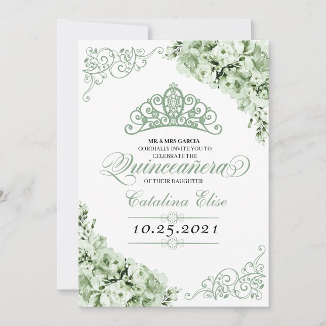 Sage Grönt Princess Krona Quinceanera Birthday Inbjudningar (Framsida)