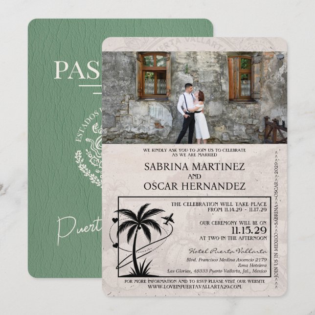 Sage Grönt Puerta Vallarta Passport Bröllop Inbjudningar (Fram/baksida)