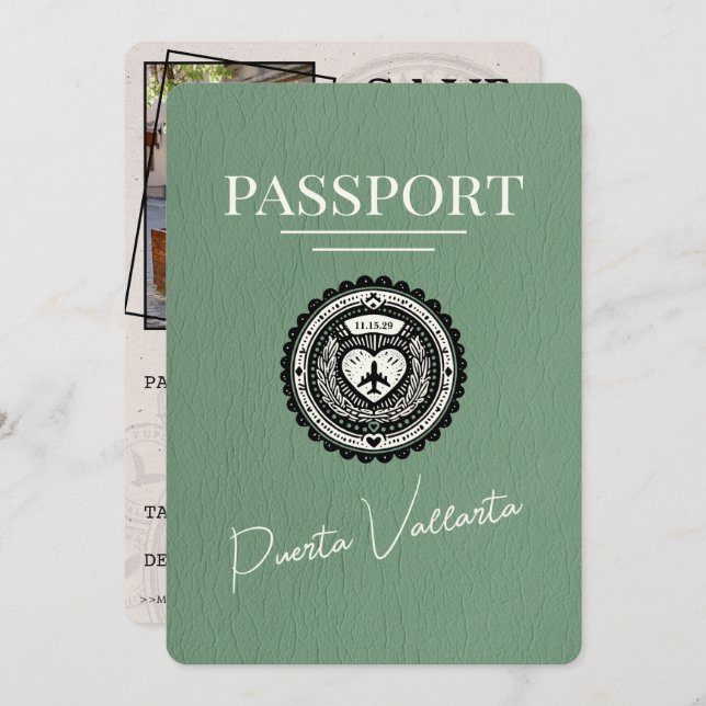 Sage Grönt Puerta Vallarta Passport Spara Datumet (Fram/baksida)