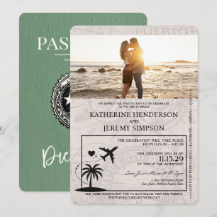 Sage Grönt Puerto Rico Passport bröllopsinbjudan Inbjudningar