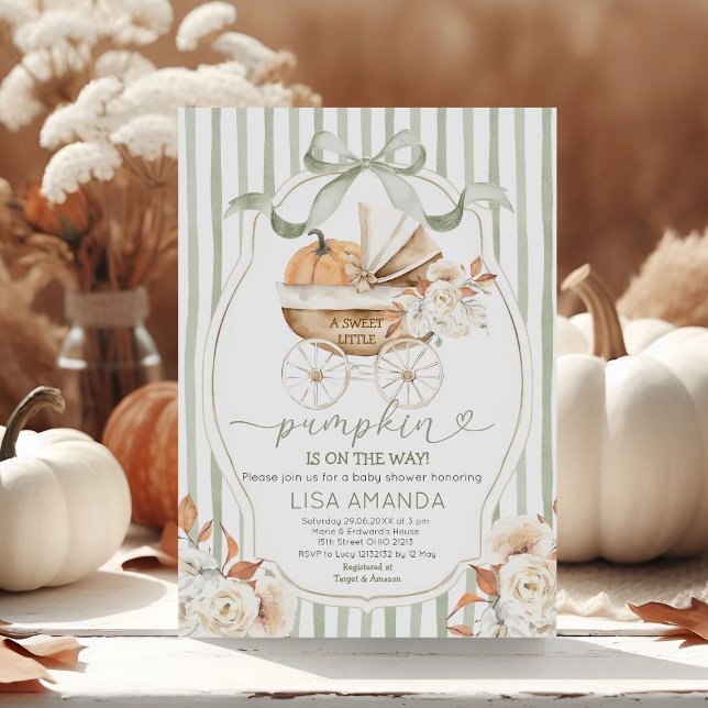 Sage Grönt Pumpkin Barnvagn Blommigt Baby Shower Inbjudningar (Skapare uppladdad)