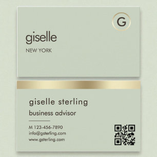 Sage Grönt QR Code Faux Gold Foil Monogram Visitkort