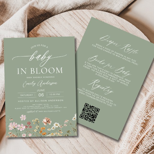 Sage Grönt QR Code Wildblomma Baby i Bloom Inbjudningar (Skapare uppladdad)