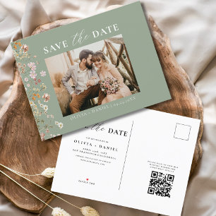 Sage Grönt QR Code Wildblomme Blommigt Bröllop Meddelande Vykort