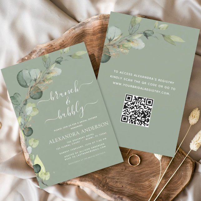 Sage Grönt QR-kod Brunch & BubLY Eucalyptus Inbjudningar (Skapare uppladdad)