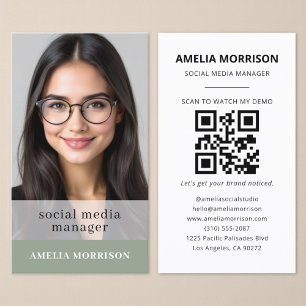 Sage Grönt QR-kod för fotominimalistisk Profession Visitkort