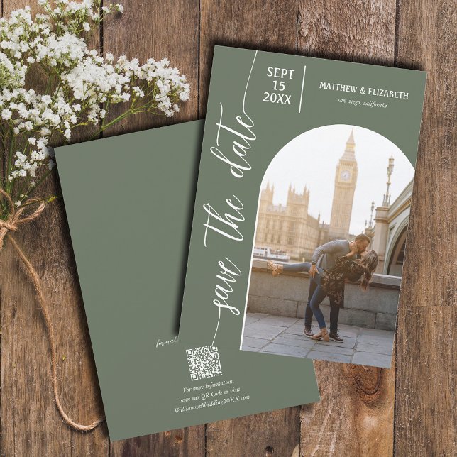 Sage Grönt QR-kod Foto Bröllop Spara Datumet (Skapare uppladdad)