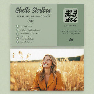 Sage Grönt QR-kod Foto Monogram Social Media Visitkort