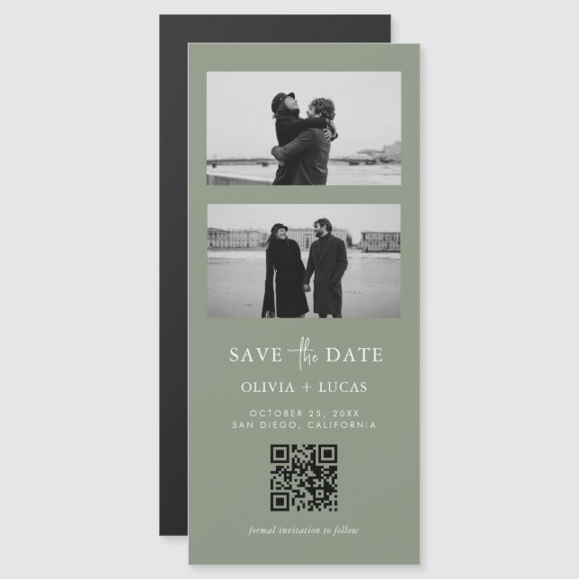 Sage Grönt QR-kod Fotoremsa Magnetic Bröllop (Fram/baksida)