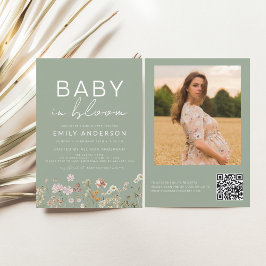 Sage Grönt QR-kod Wildblomma Baby i Bloom Shower Inbjudningar
