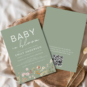Sage Grönt QR-kod Wildblomma Baby i Bloom Shower Inbjudningar