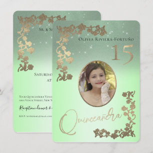 Sage Grönt Quince Guld Glitter Photo Quinceanera Inbjudningar