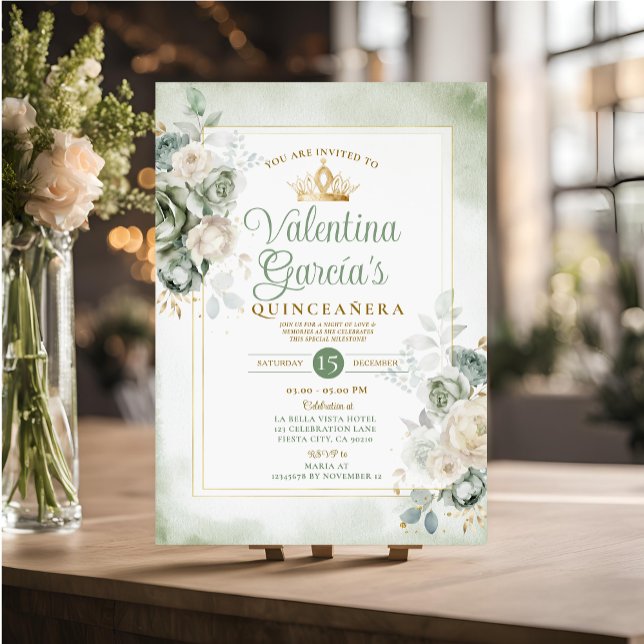 Sage Grönt Quinceañera 15 Anos Flowers Guld Krona Inbjudningar (Skapare uppladdad)