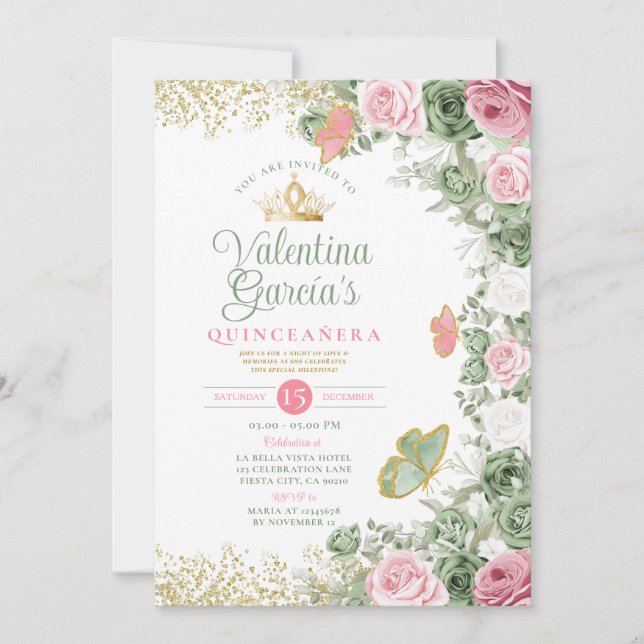 Sage Grönt Quinceañera 15 Anos Rosa Flowers Krona Inbjudningar (Framsida)
