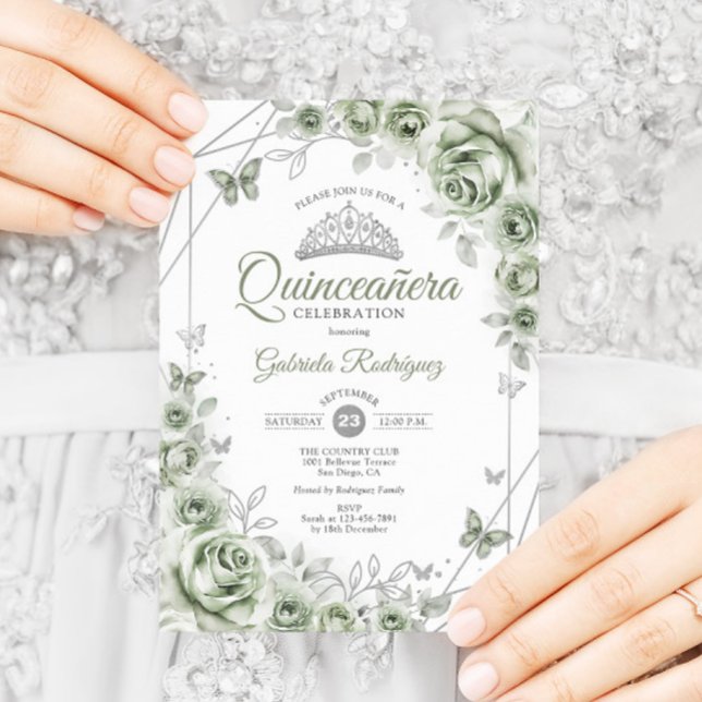 Sage Grönt Quinceanera-Blommigt Inbjudningar (Skapare uppladdad)