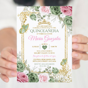 Sage Grönt Quinceañera Rosa Guld Krona Butterfly Inbjudningar