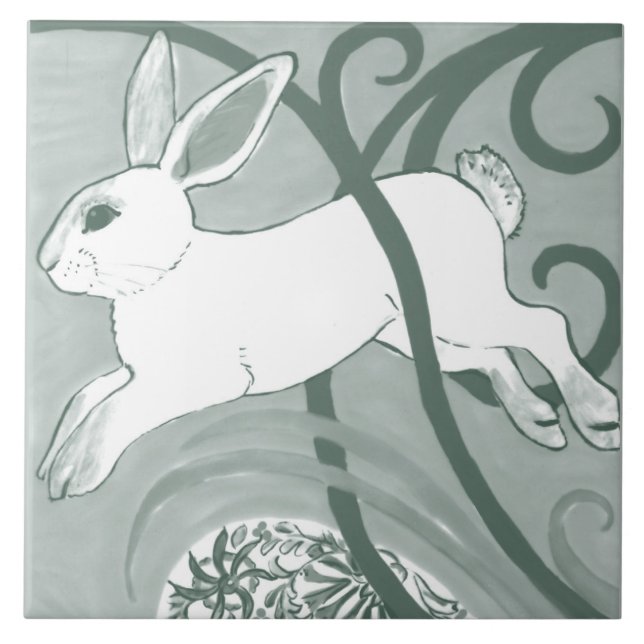 Sage Grönt Rabbit Art Deco Bunny Mönster Unique Kakelplatta (Framsidan)