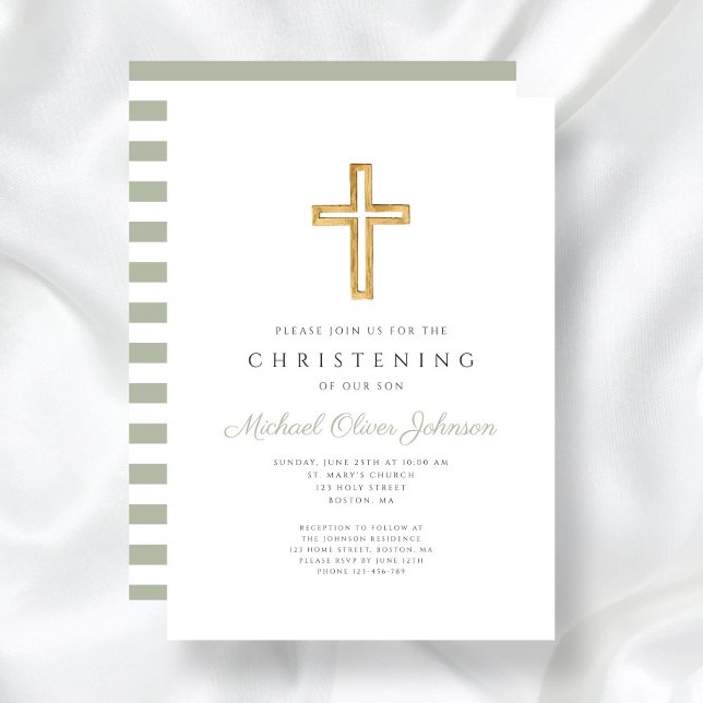 Sage Grönt Rand Religiösa Kor Christening Inbjudningar (Sage Green Stripes Religious Cross Christening Invitation)