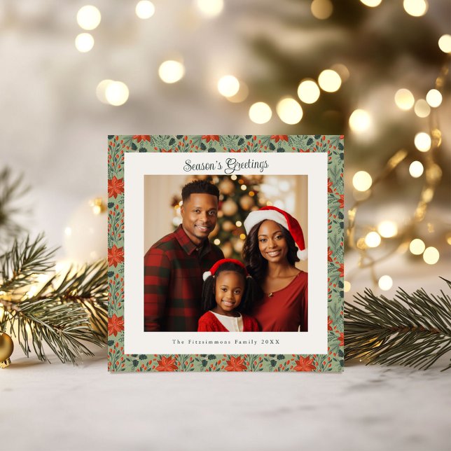 Sage Grönt & Red Poinsettia Photo jul Kort (Poinsettia Season Square Christmas Card sage green)