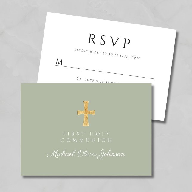 Sage Grönt Religiösa Kor First Communion OSA Kort (Sage Green Religious Cross First Communion RSVP Card)