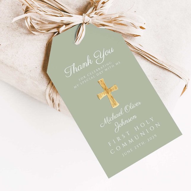 Sage Grönt Religiösa Kor First Communion Presentetikett (Sage Green Religious Cross First Communion Gift Tags)