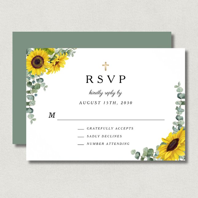 Sage Grönt Religiösa Kor Solros Bröllop OSA Kort (Sage Green Religious Cross Sunflower Wedding RSVP Card)