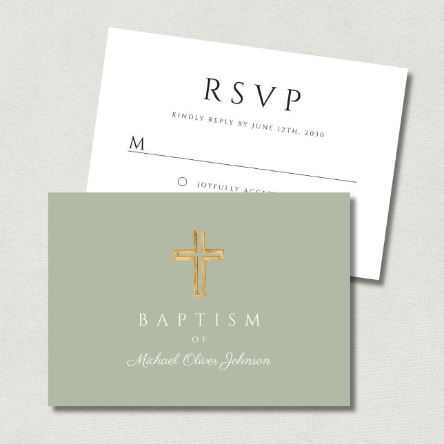 Sage Grönt Religiösa Wood Kor Baptism OSA Kort (Sage Green Religious Wood Cross Baptism RSVP Card)