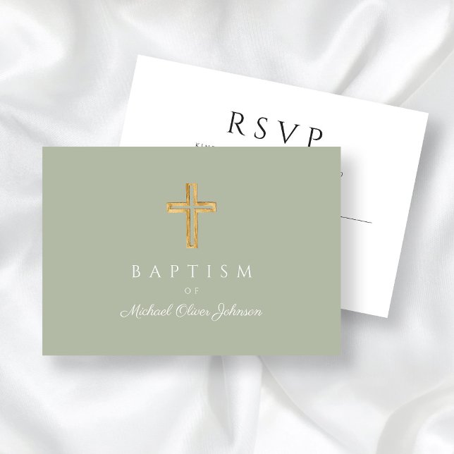 Sage Grönt Religiösa Wood Kor Baptism OSA Kort (Sage Green Religious Wood Cross Baptism RSVP Card)