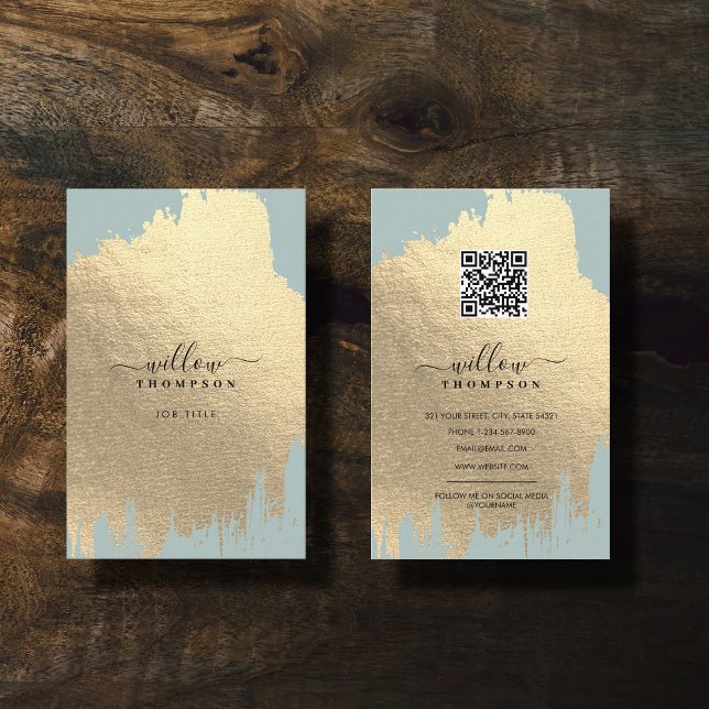 Sage Grönt Ro Guldpenseldrag QR-kod Visitkort (Sage Green Rose Gold Foil Brush Stroke QR Code Business Card)