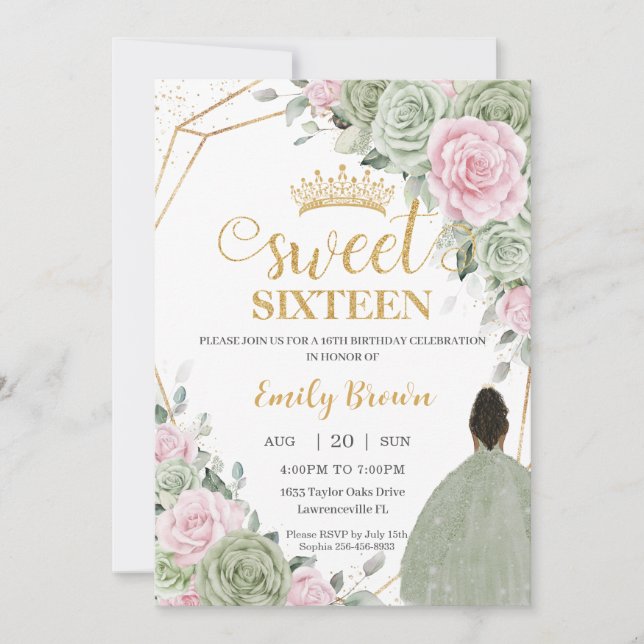 Sage Grönt Rosa Blommigt Brown Girl Sweet sixteen Inbjudningar (Framsida)