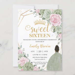 Sage Grönt Rosa Blommigt Brown Girl Sweet sixteen Inbjudningar