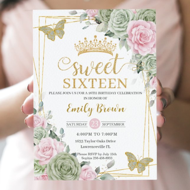 Sage Grönt Rosa Blommigt Butterflies Guld Sweet 16 Inbjudningar (Skapare uppladdad)