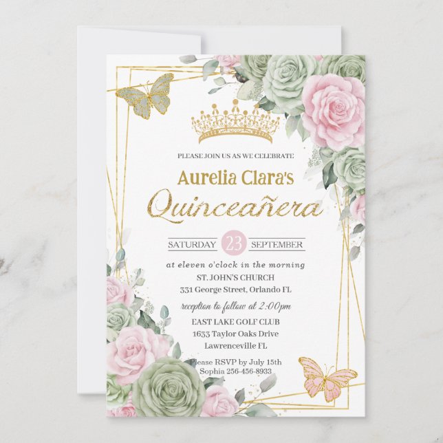 Sage Grönt Rosa Blommigt Butterflies Quinceañera Inbjudningar (Framsida)