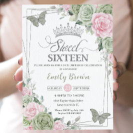 Sage Grönt Rosa Blommigt Butterflies Silver Sweet  Inbjudningar