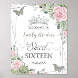 Sage Grönt Rosa Blommigt Butterflies Silver Sweet  Poster