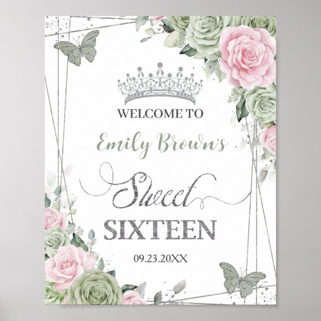 Sage Grönt Rosa Blommigt Butterflies Silver Sweet  Poster (Framsidan)